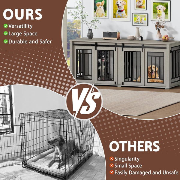 Akaber Large Dog Crate Furniture for 2 Dogs, Upgrade 71" Pro XXL Sliding Door Heavy Duty Dog Kennel Furniture with Divider, Steel Frame Indoor Double Dog Crate for Large Medium Small Dogs, Light Grey