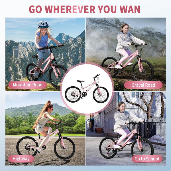 Linor 24" Kids Mountain Bike for Kids 6-12, 7 Speeds Drivetrain Kids Bike, Girls Boys Bike with Suspension Fork, Dual-Disc Brake, Anti-Slip Butyl Tires, Pink