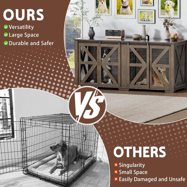 Akaber 71 Inch Double Dog Crate for 2 Dogs，Farmhouse Furniture Style Indoor Heavy Duty Steel Frame Kennel with Sliding Doors & Adjustable Divider, Dark Walnut