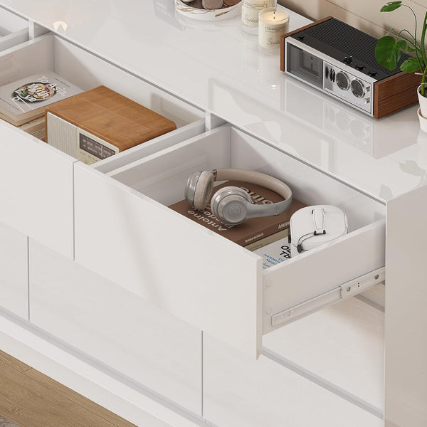 Akaber US 63'' White Dresser for Bedroom, Glossy Large Dresser with 9 Deep Chests of Drawers for Bedroom, Living Room, Closet