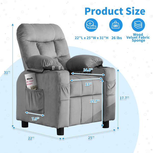 Wanan Kids Recliner Chair, Modern Velvet Lounge with Cup Holder, Footrest, Side Pockets, Gray