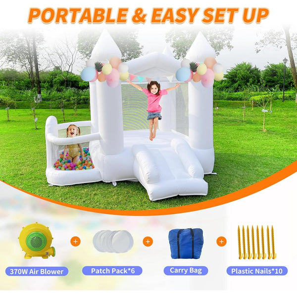 Wanan White Bounce House, 9FT Inflatable Bounce House for Kids, 840D Oxford Cloth Bounce House with Slide, Castle Style Bouncy House with Blower, Easy to Set up, Party & Birthday & Gift