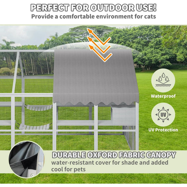 Akaber 112'' Catio Outdoor Cat Enclosure Super Large Wooden Catios for Cats Patio with Waterproof UV Protection Canopy, Outside Cat Run Enclosure Condon with Platforms, Small Houses, Bridges