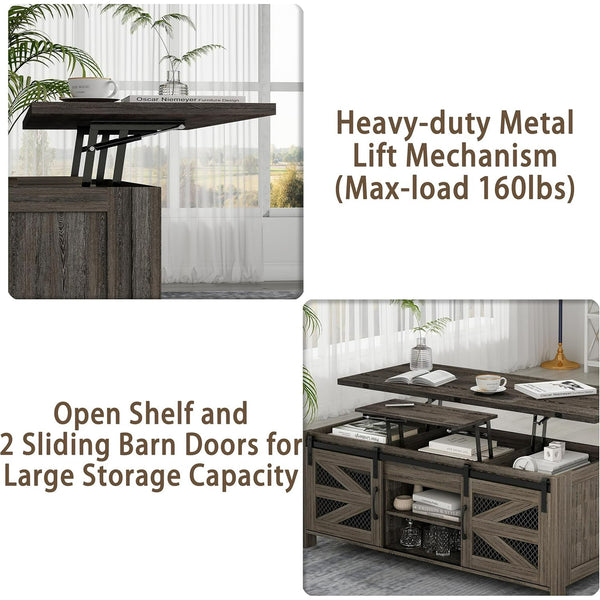 Linor 47.2" Lift Top Coffee Table, 4 in 1 Farmhouse Coffee Tables with Sliding Barn Door, Gray