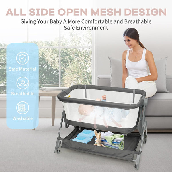 Wanan Bassinets Bedside Sleeper, Baby Bassinet One-Button Folding Portable Bedside Bassinets, Breathable Mesh and Soft Mattress, Adjustable Height Baby Crib with Storage Basket and Wheels for Newborn