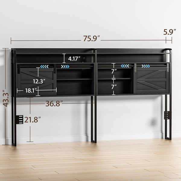 King Size Headboard with Storage, 3-Tier King Headboard with Outlets, USB Ports and LED Light, Storage King Size Headboard Only with Sliding Barn Doors, Width Adjustable