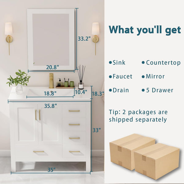 36" Bathroom Vanity with Sink and Faucet, Ceramic Countertop, Ceramic Sink, Mirror, Pop up Drain, Drain Pipe, 9/16'' Hot and Cold Pipes, Soft-Close Doors, and 5 Drawers