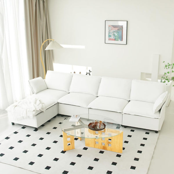 Akaber 130" L-Shaped Cloud Sectional Sofa, Modular Velvet Convertible Sofa Bed with Storage,Plush Living Room Couch (White)