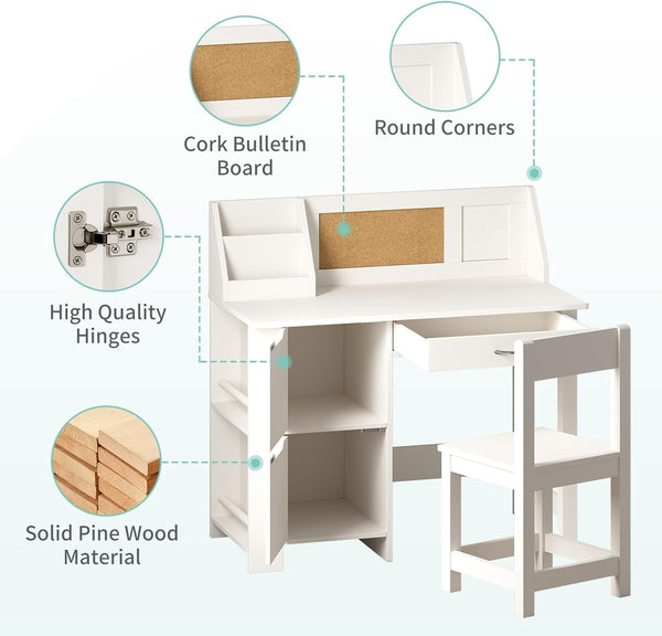 White Kids Study Desk with Chair, Wooden Kids Study Desk and Chair Set, Study Table for Boys and Girls, Kids Computer with Storage Drawers, Bookshelf and Bullentin Board