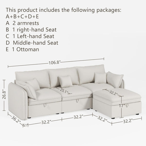 Akaber Modular Sectional Sofa, 107 Inch L Shaped Couch with Movable Storage Ottoman, 25 Inch Deep Seat, Cloud Couches for Living Room, Beige