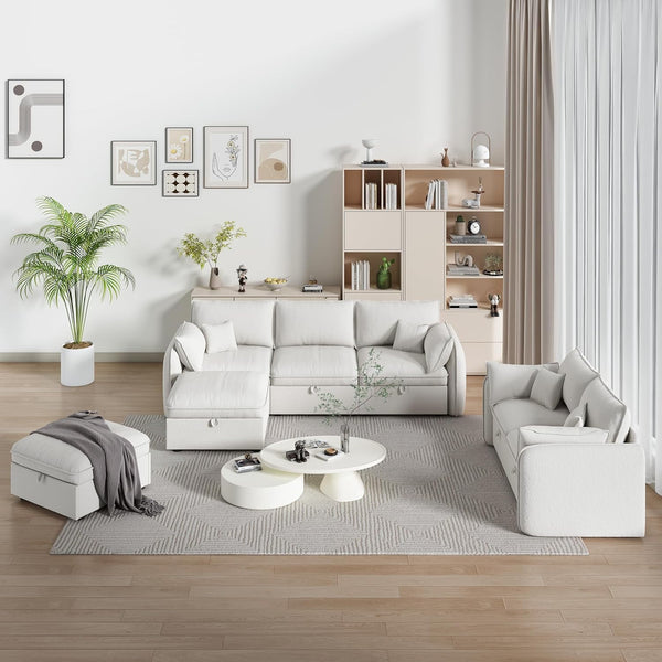 Akaber Modular Sectional Sofa, 107 Inch L Shaped Couch with Movable Storage Ottoman, 25 Inch Deep Seat, Cloud Couches for Living Room, Beige
