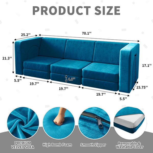 Wanan Toddler Couch, Modular Kids Sofa Foldable Loveseat with 2 Ottomans, Washable Cover, Navy