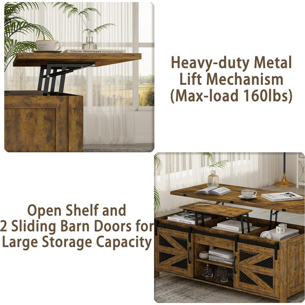 Linor 47.2" Lift Top Coffee Table, 4 in 1 Farmhouse Coffee Tables with Sliding Barn Door, Brown