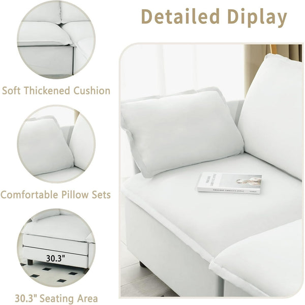 Akaber 130" U-Shaped Cloud Sectional Sofa, Modular Velvet Convertible Sofa Bed with Storage, Plush Living Room Couch(White)