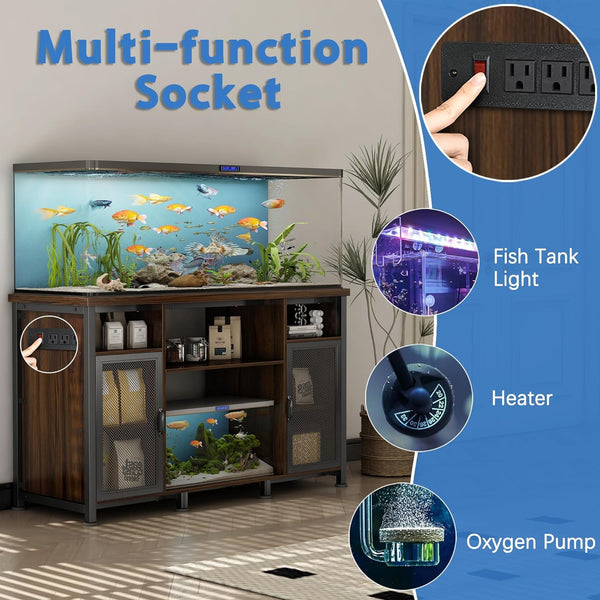 55-75 Gallon Fish Tank Stand with 2-Metal Net Door, Aquarium Stand with Power Outlets and Cabinet for Fish Tank Accessories Storage, Heavy Duty Metal Frame