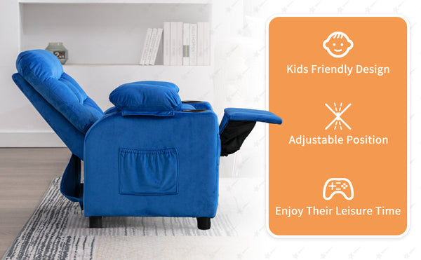 Kids Recliner Chair Adjustable Velvet Lounge Chair with Cup Holder,Footrest & Side Pockets