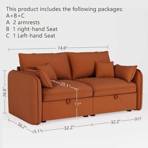 Akaber Modular Sectional Sofa, 75 Inch Loveseat Couches with Movable Storage Ottoman, 25 Inch Deep Seat, Cloud Couches for Living Room, Orange