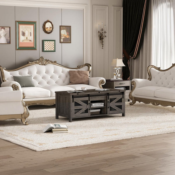 Linor 47.2" Lift Top Coffee Table, 4 in 1 Farmhouse Coffee Tables with Sliding Barn Door, Gray