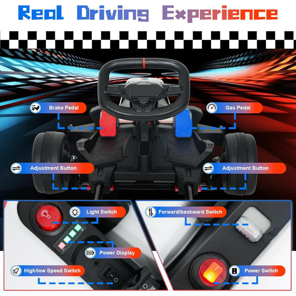 Wanan Electric Go Kart with Adjustable Seat, 24V 9AH Drift Kart with 400W Motors, Crazy Go Cart for Kids Ages 6-12, Licensed BMW, LED Lights, Drift Mode and 2 Speed (White)