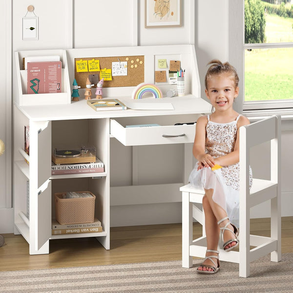 White Kids Study Desk with Chair, Wooden Kids Study Desk and Chair Set, Study Table for Boys and Girls, Kids Computer with Storage Drawers, Bookshelf and Bullentin Board
