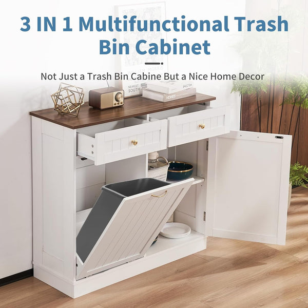 Tilt Out Trash Cabinet 10 Gallon, Kitchen Trash Can Cabinet with Adjustable Shelf & 2 Drawers, Freestanding Trash Cabinet, Recycling Cabinet for Laundry, Living Room, Bathroom