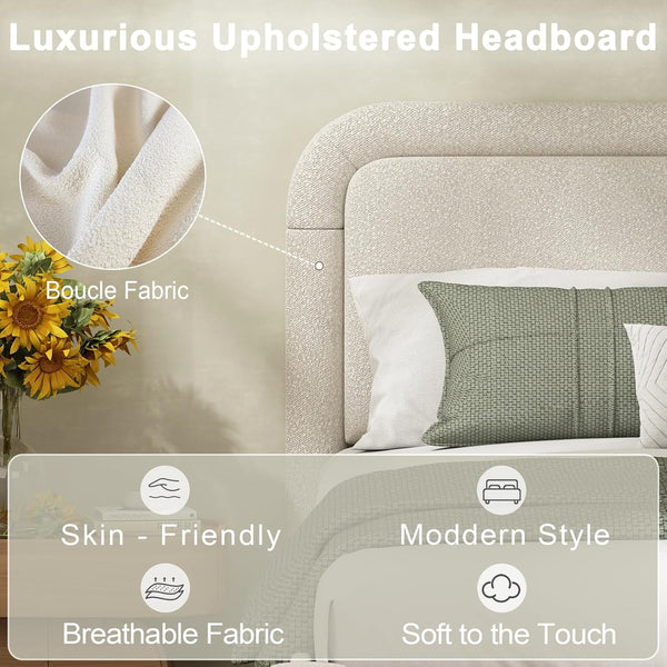 Akaber Full Bed Frame, Upholstered Bed Frame with Rounded Corners, Soft Cloud Bed Frame in Modern Style, Noise-Free Structure, Easy Assembly, Cream
