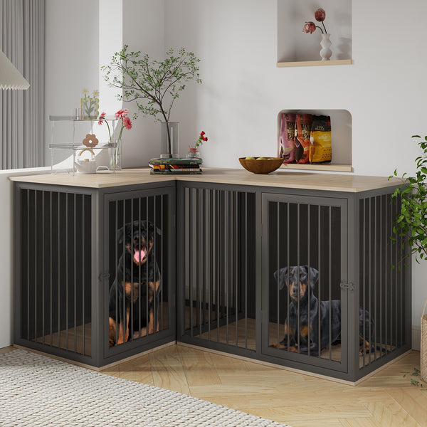Linor All Steel Frame Large Dog Crate Furniture with Dividers and Double Doors for 2 Dogs