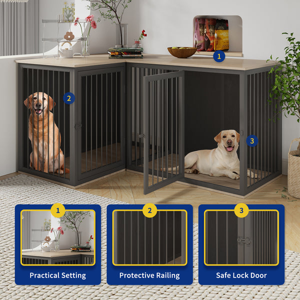 Linor All Steel Frame Large Dog Crate Furniture with Dividers and Double Doors for 2 Dogs