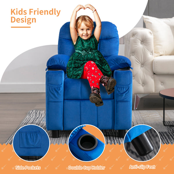 Kids Recliner Chair Adjustable Velvet Lounge Chair with Cup Holder,Footrest & Side Pockets
