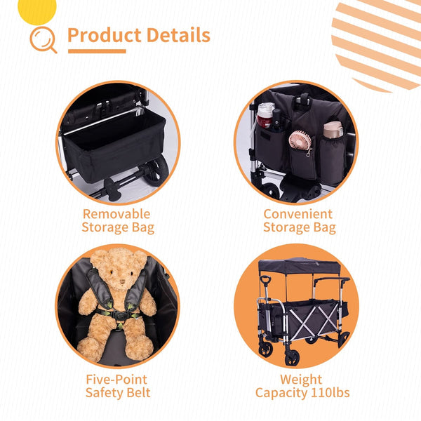 Stroller Wagon for 2 Kids, stroller wagon with canopy(Black)