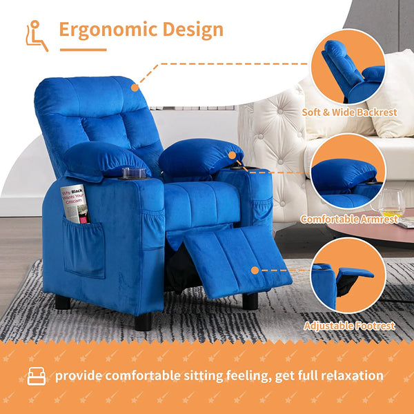 Kids Recliner Chair Adjustable Velvet Lounge Chair with Cup Holder,Footrest & Side Pockets