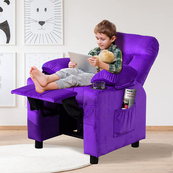 Kids Recliner Chair Adjustable Velvet Lounge Chair with Cup Holder,Footrest & Side Pockets