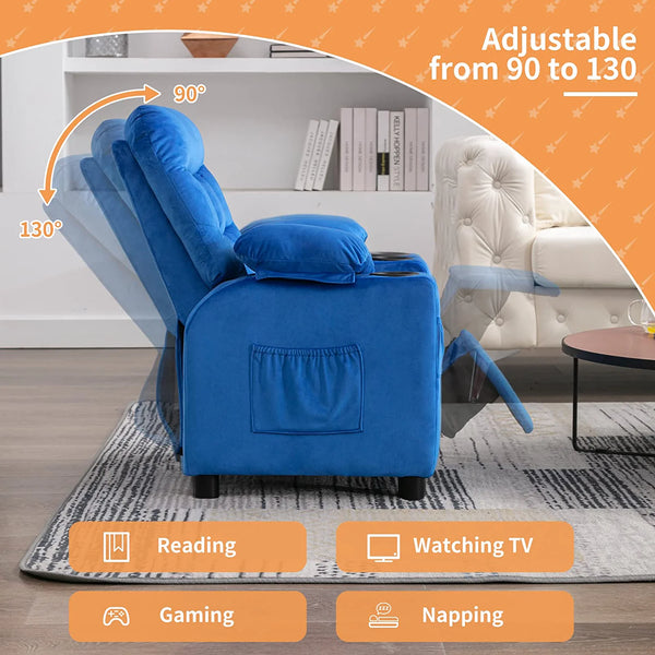 Kids Recliner Chair Adjustable Velvet Lounge Chair with Cup Holder,Footrest & Side Pockets