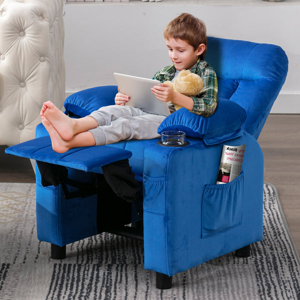 Kids Recliner Chair Adjustable Velvet Lounge Chair with Cup Holder,Footrest & Side Pockets